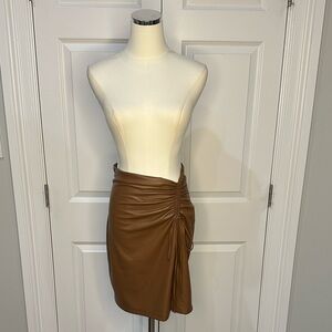 NWOT Aladore Brown Faux Leather Ruched String Side Tie Slit Mini Skirt Size M